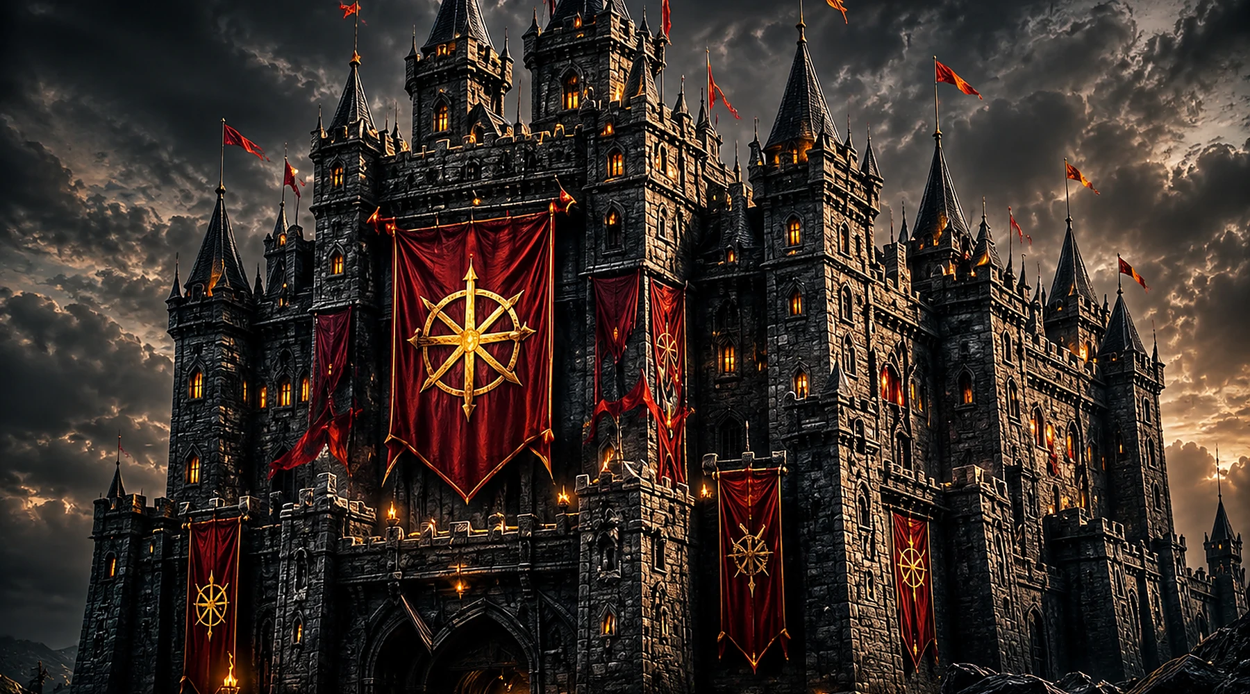 A monumental dark-stone fortress beneath storm clouds, illuminated by warm interior light and crimson banners, representing durable capital resilience.