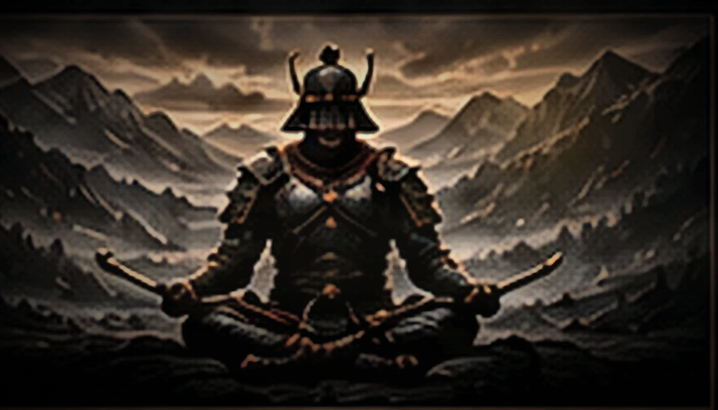 A seated samurai practicing stillness before a mountain range at dawn.