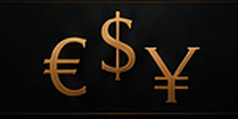 Gold euro, dollar, and yen symbols representing global currency markets.