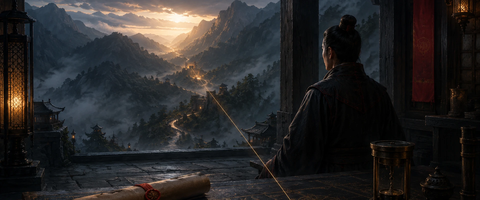 A disciplined strategist waits inside a dark mountain observatory as dawn reveals a measured route through a mist-covered pass, with a sealed scroll, journal, compass, and hourglass arranged on the planning table.