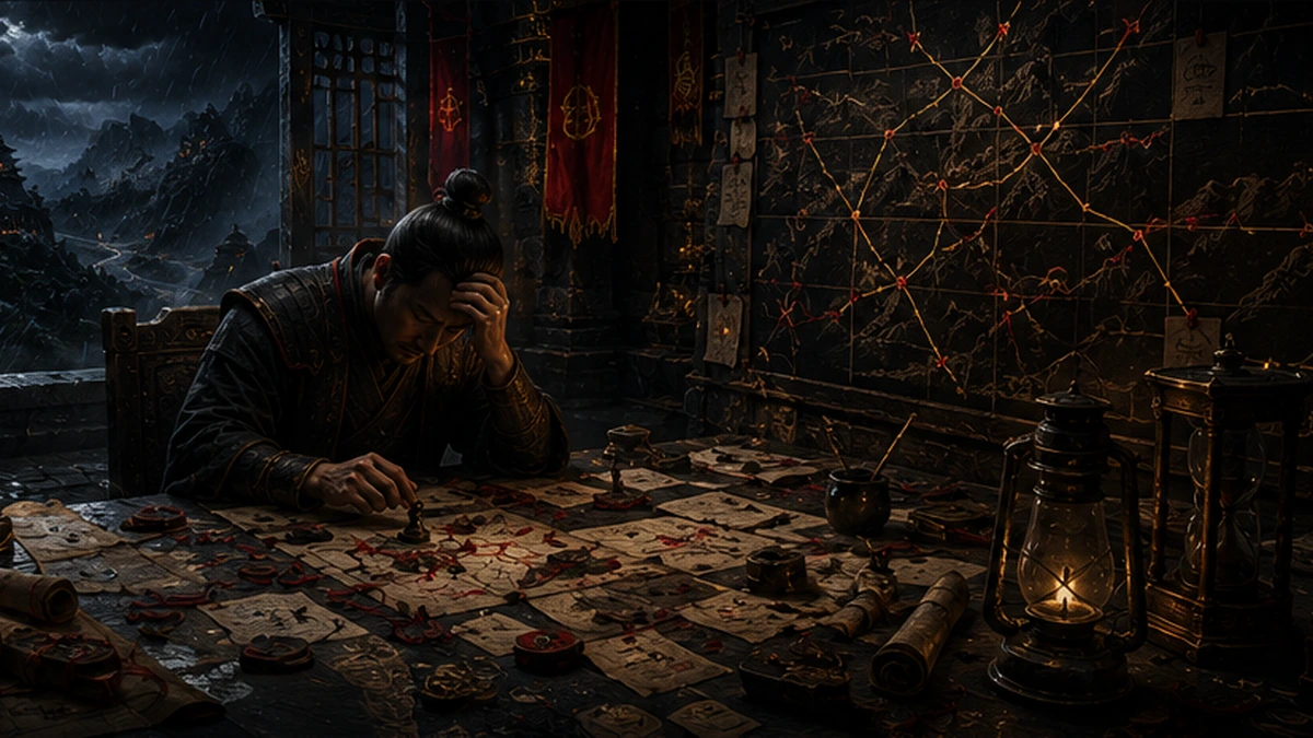 A weary strategist sits at a cluttered command table covered with overlapping maps, markers, and scrolls while tangled routes spread across the wall and a storm darkens the mountain pass outside.