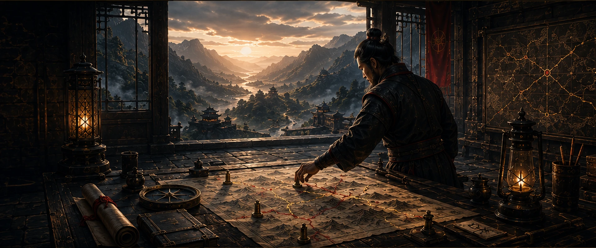 A disciplined strategist moves a marker across an organized terrain map as sunrise reveals a clear mountain route beyond the open command chamber.