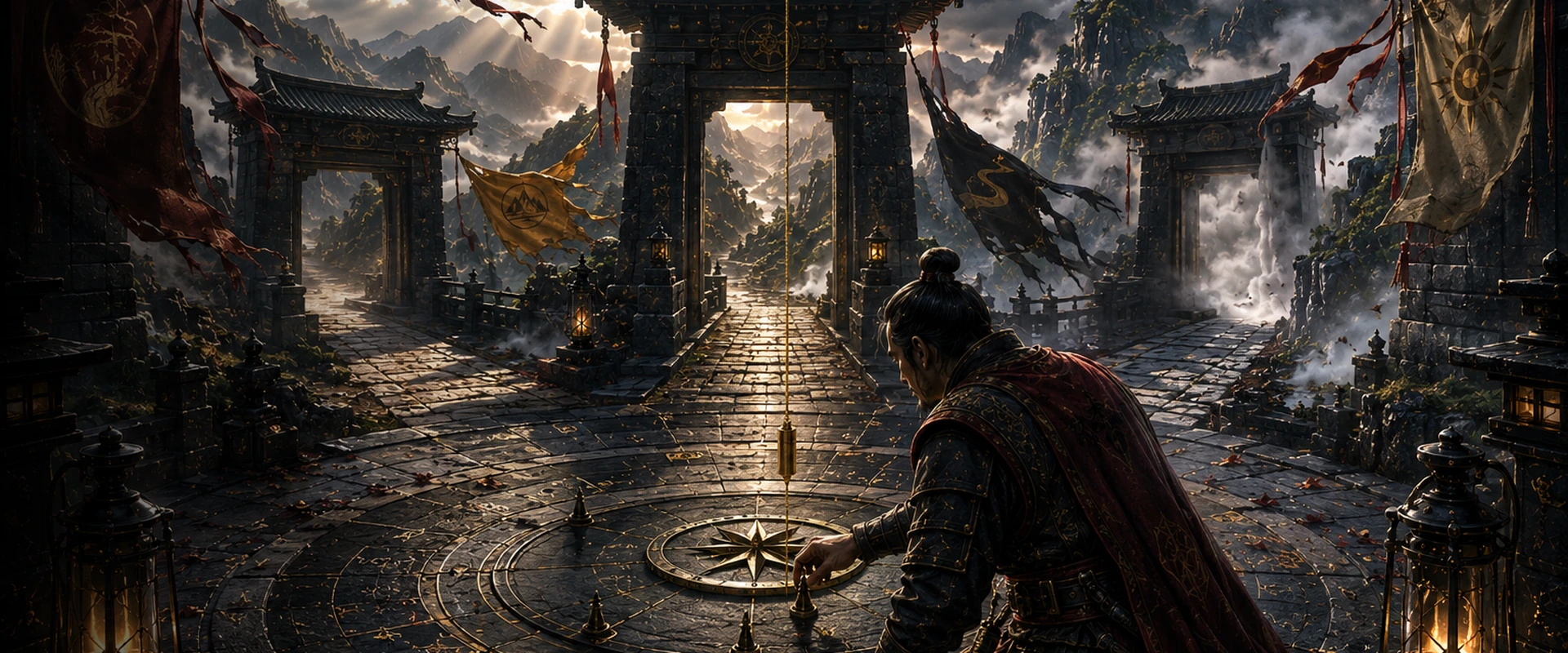 A disciplined strategist kneels over a compass courtyard between several mountain gates while competing banners and shifting winds pull in different directions.