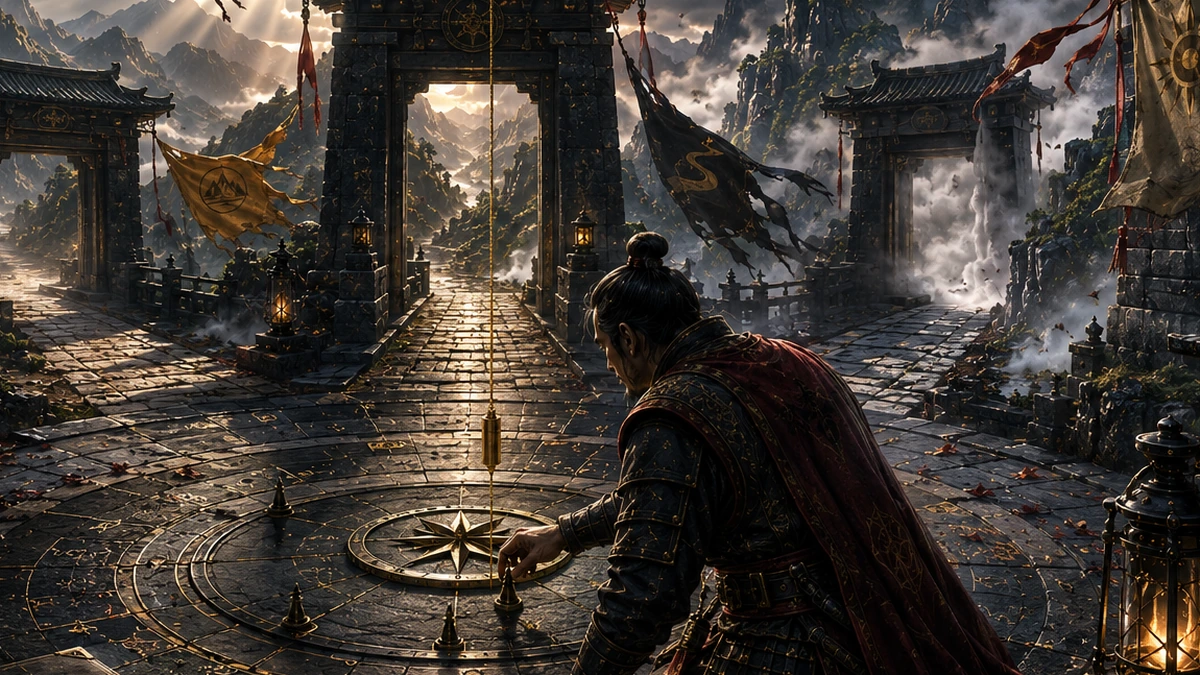 A disciplined strategist kneels over a compass courtyard between several mountain gates while competing banners and shifting winds pull in different directions.