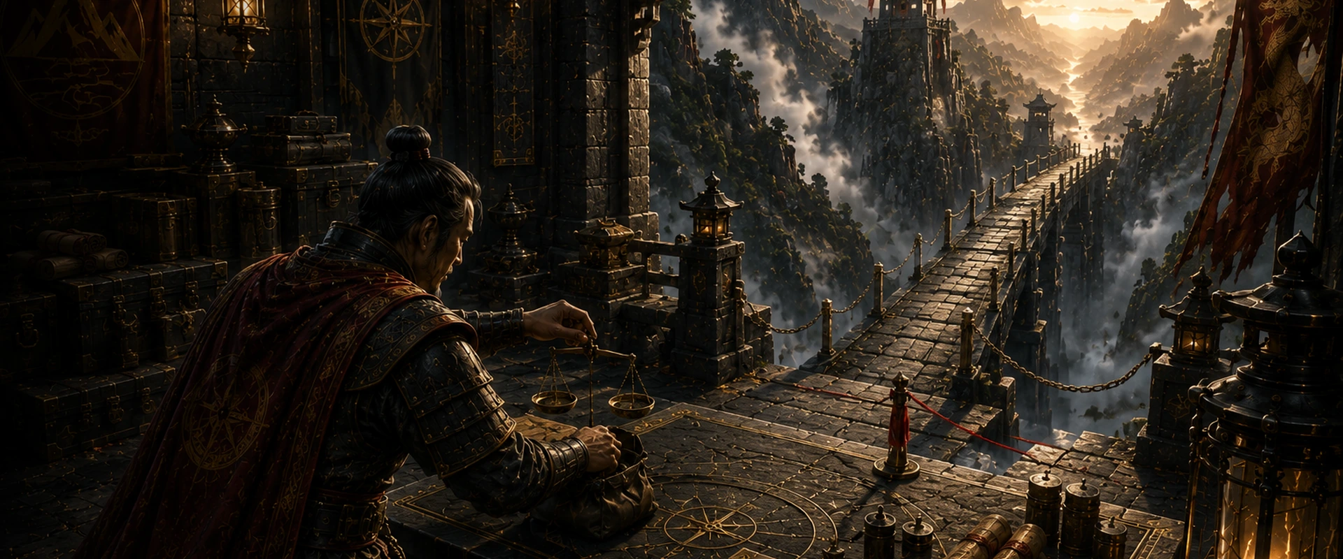 A strategist weighs resources beside a measured boundary line before a narrow fortified bridge that crosses a deep mountain ravine.