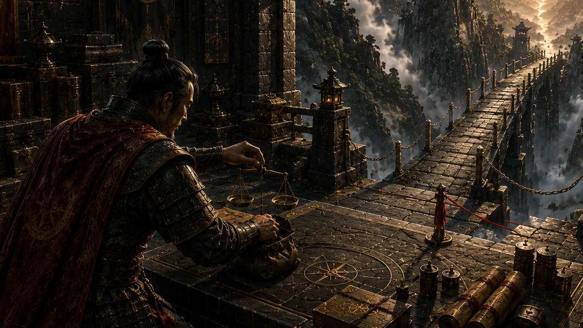 A strategist weighs resources beside a measured boundary line before a narrow fortified bridge that crosses a deep mountain ravine.