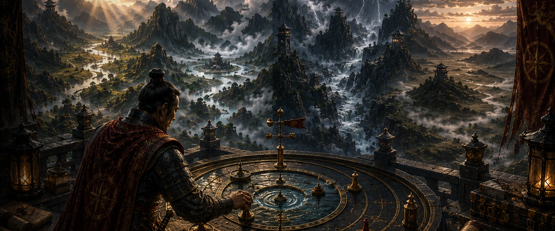 A strategist studies a circular regime table overlooking a vast mountain landscape where sunlight, lightning, mist, flowing water, and dry terrain reveal several market environments at once.