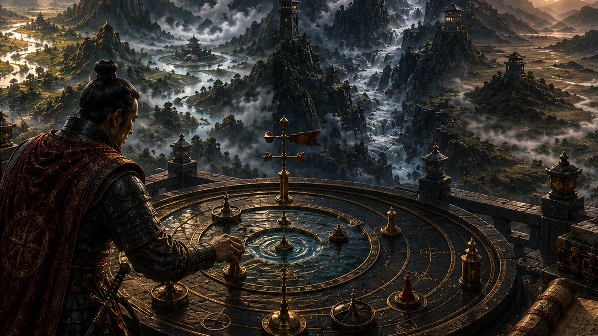 A strategist studies a circular regime table overlooking a vast mountain landscape where sunlight, lightning, mist, flowing water, and dry terrain reveal several market environments at once.