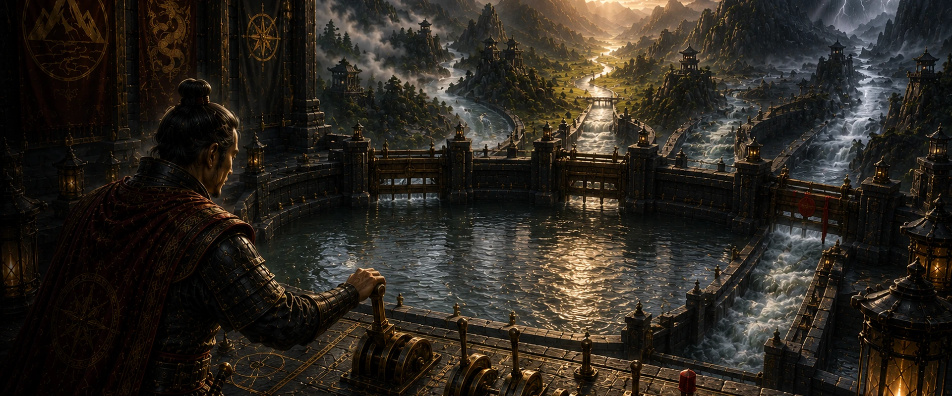 A strategist operates measured control levers above a protected reservoir while several mountain routes and changing weather conditions remain available beyond the fortified gates.