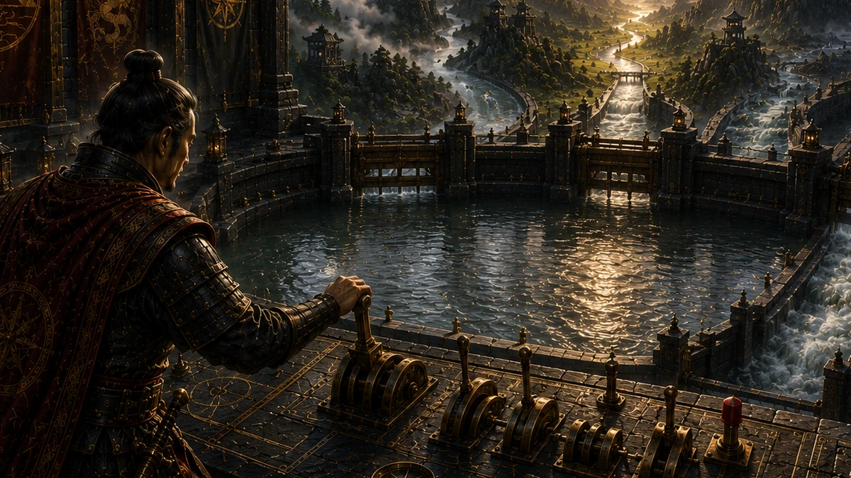 A strategist operates measured control levers above a protected reservoir while several mountain routes and changing weather conditions remain available beyond the fortified gates.