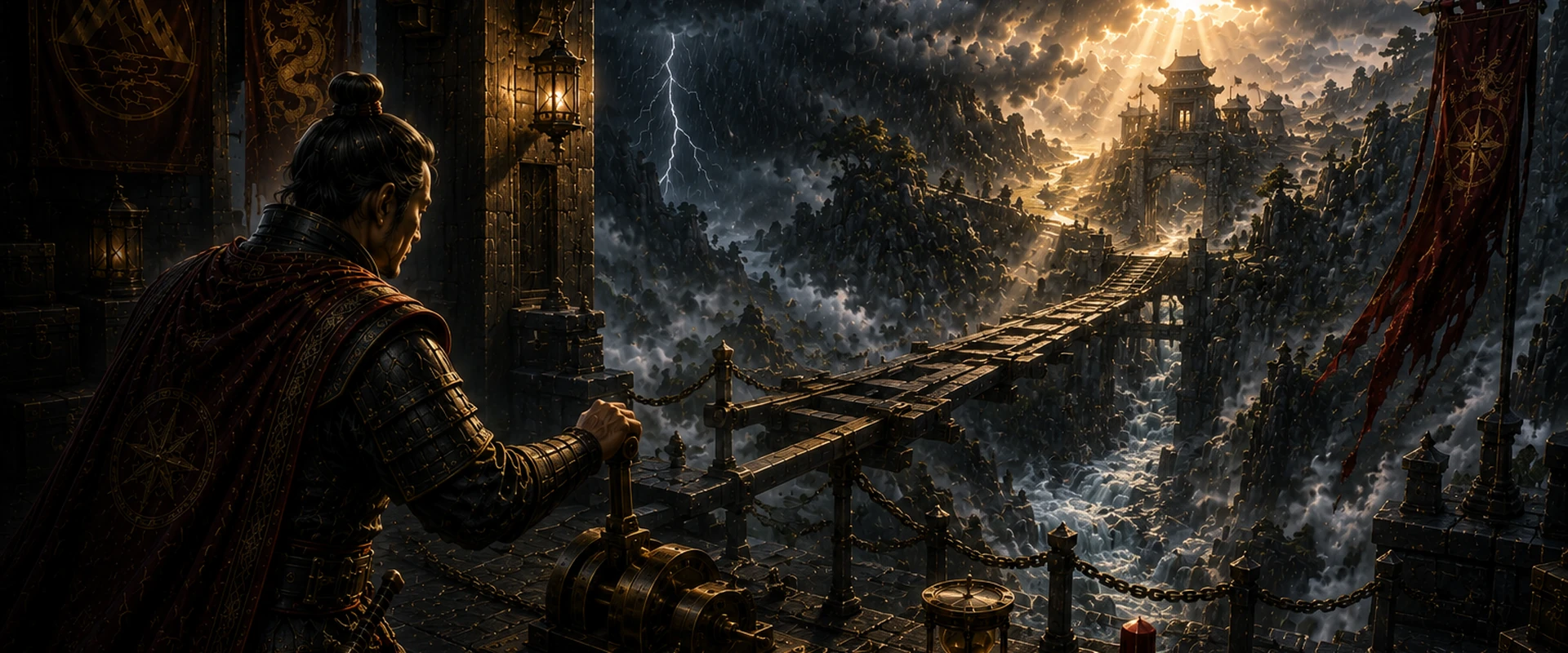 A strategist studies a narrow mountain bridge during a violent storm while lightning, surging water, and a break of sunlight reveal both danger and a temporary path forward.