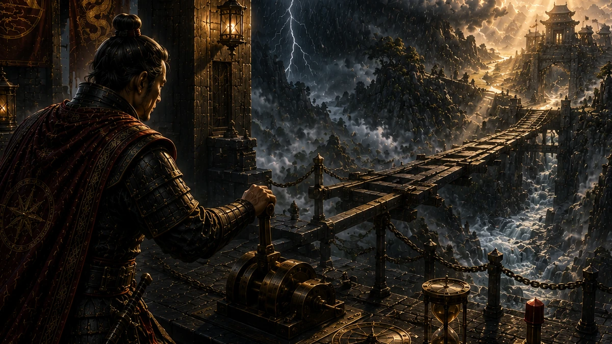 A strategist studies a narrow mountain bridge during a violent storm while lightning, surging water, and a break of sunlight reveal both danger and a temporary path forward.