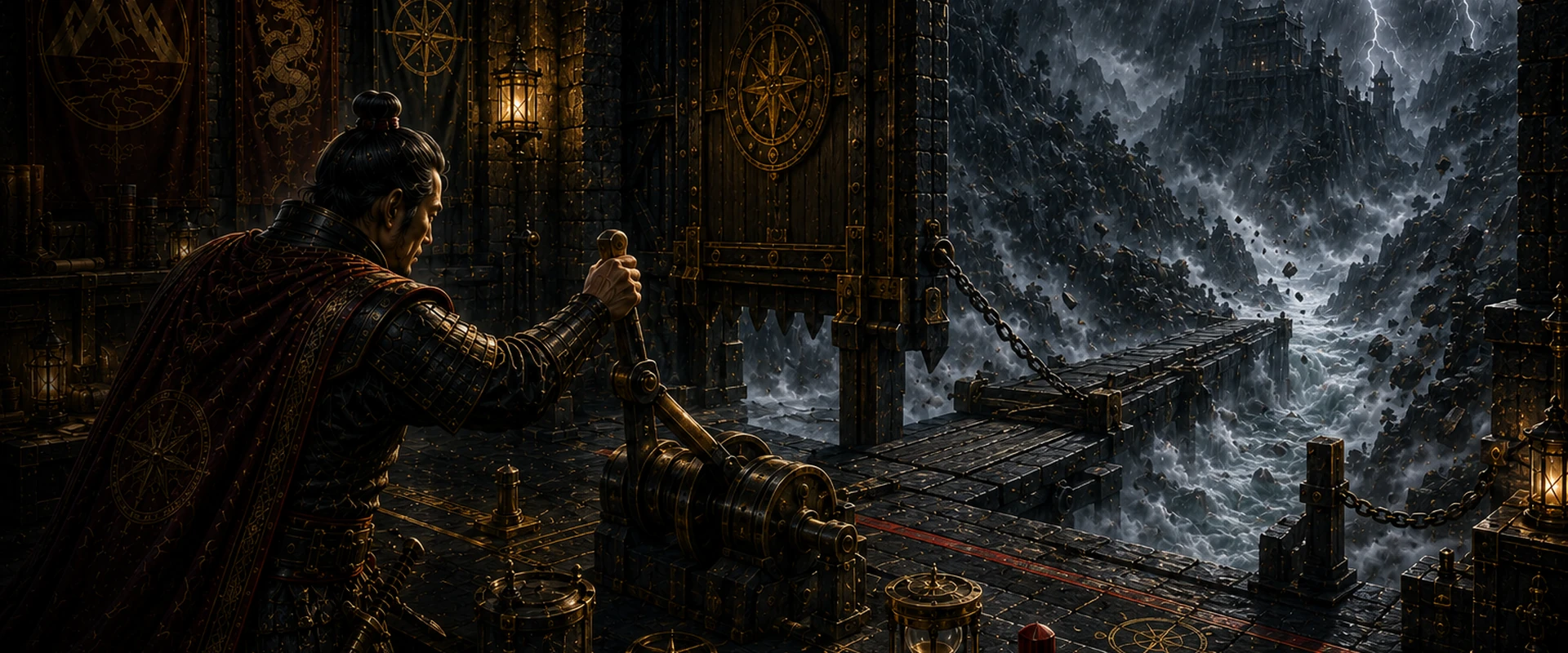 A strategist holds a gate control inside a fortified chamber while a bridge remains withdrawn before a violent mountain storm and an unsafe pass.