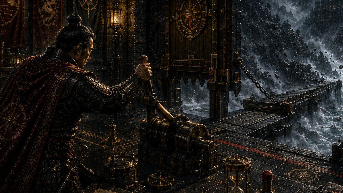 A strategist holds a gate control inside a fortified chamber while a bridge remains withdrawn before a violent mountain storm and an unsafe pass.