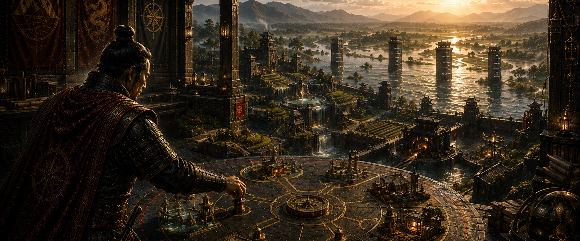 A strategist studies a fortified river citadel from a dark command chamber at sunset, using a circular planning table to evaluate long-term monetary systems, resources, and defensive capacity.