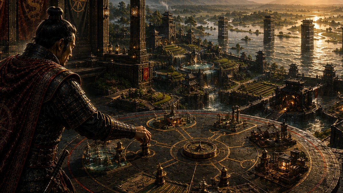 A strategist studies a fortified river citadel from a dark command chamber at sunset, using a circular planning table to evaluate long-term monetary systems, resources, and defensive capacity.