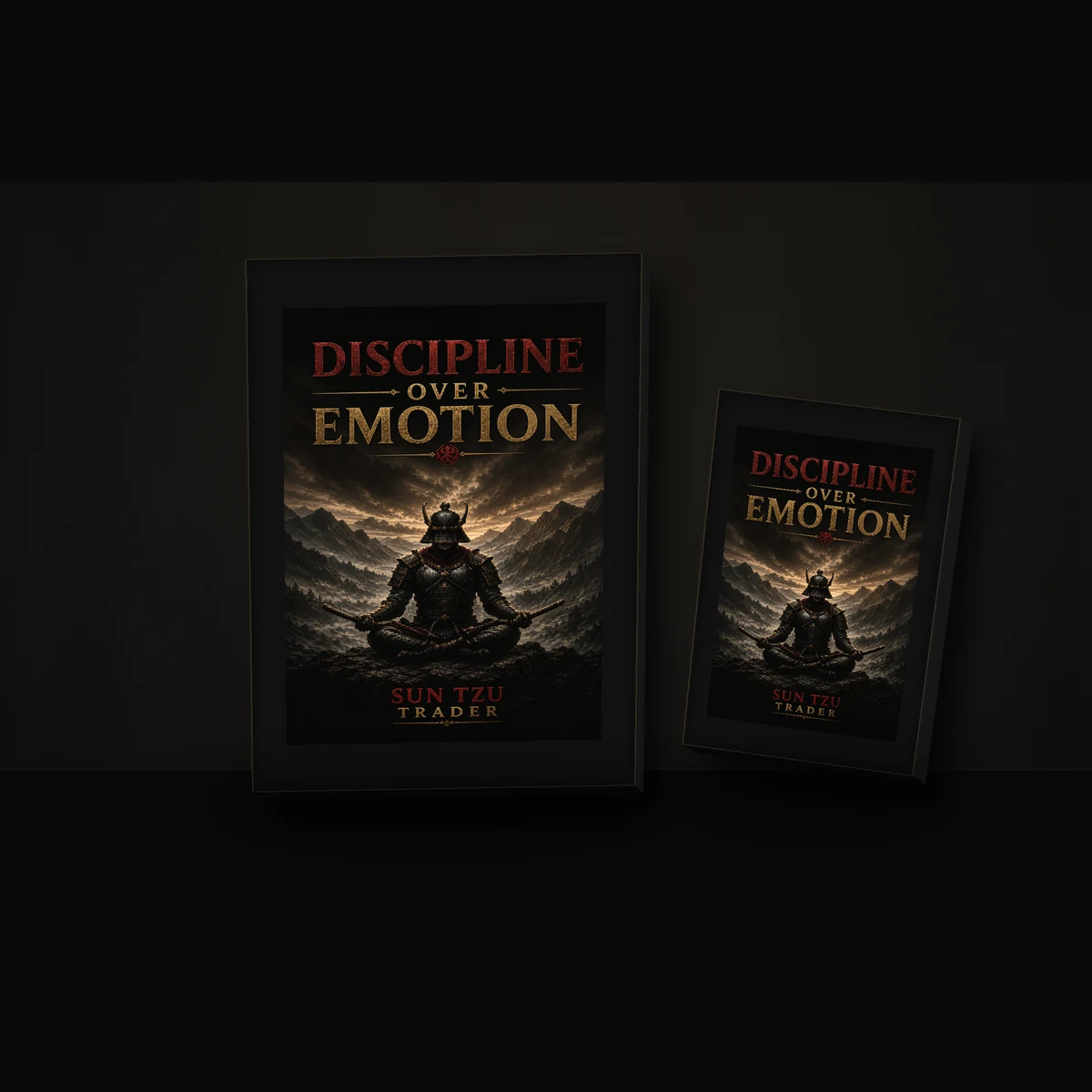 Two SUN TZU TRADER Discipline Over Emotion art board prints displaying the locked meditating warrior, mountain landscape, crimson emblem, and red-and-gold title treatment.