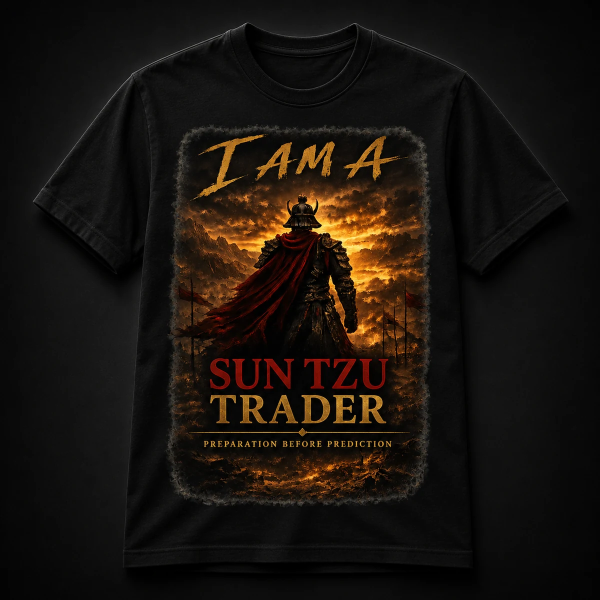 Black SUN TZU TRADER T-shirt featuring the rear-facing warrior overlooking a mountain landscape, with I AM A SUN TZU TRADER and Preparation Before Prediction.