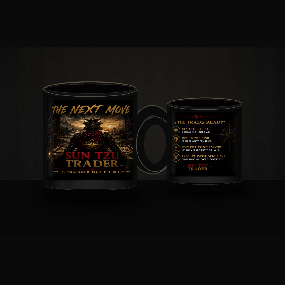 Two black SUN TZU TRADER strategy mugs displaying the locked full-wrap design: the warrior-facing The Next Move panel and the reverse trade-readiness checklist.