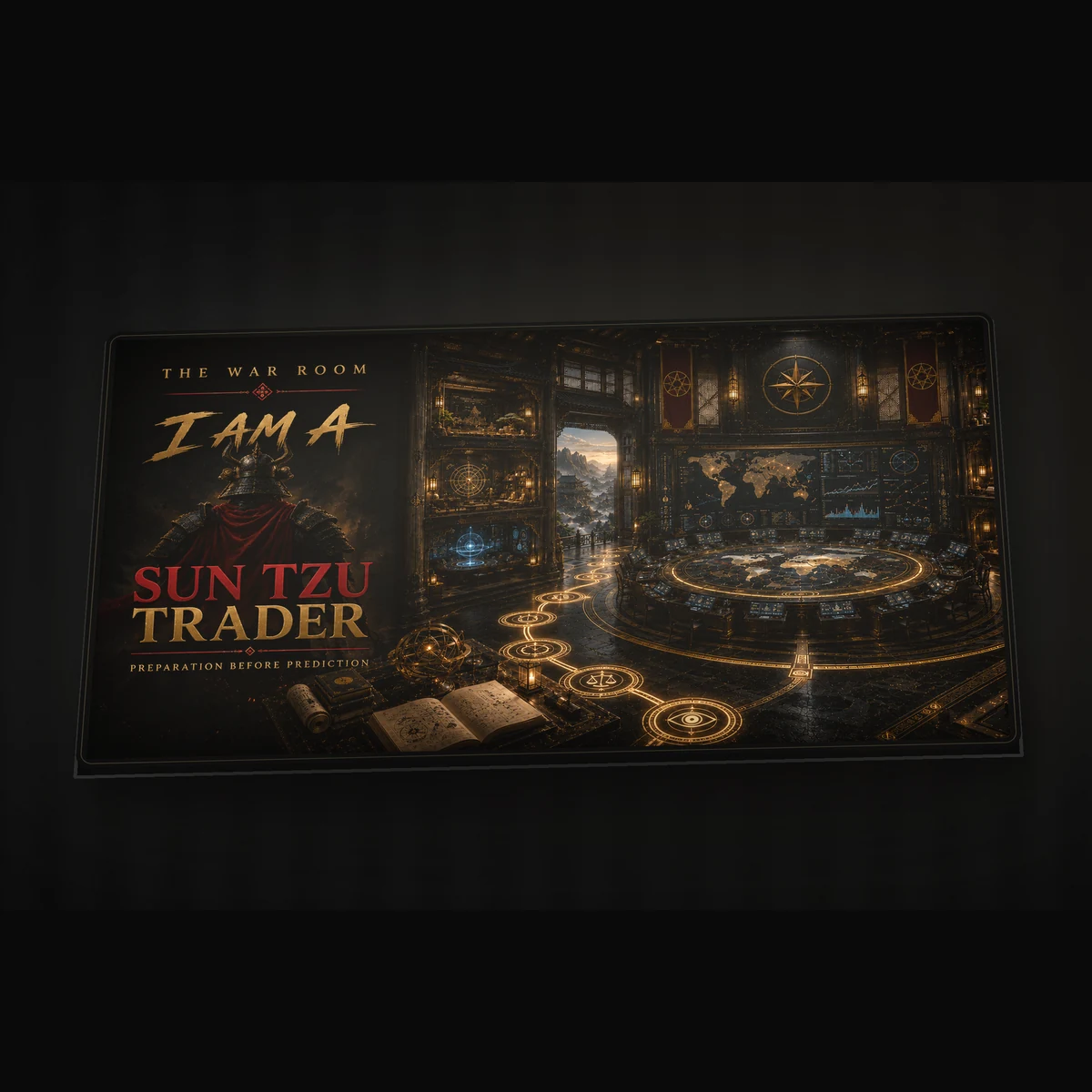 SUN TZU TRADER War Room desk mat artwork showing the I Am A Sun Tzu Trader warrior panel beside a cinematic market command room.