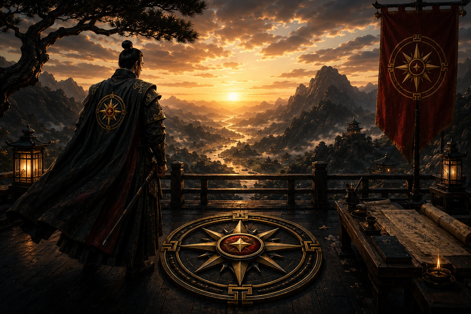 An armored strategist surveys a vast mountain route at sunrise before a compass seal, maps, lanterns, and a crimson banner, representing discipline established before choosing direction.