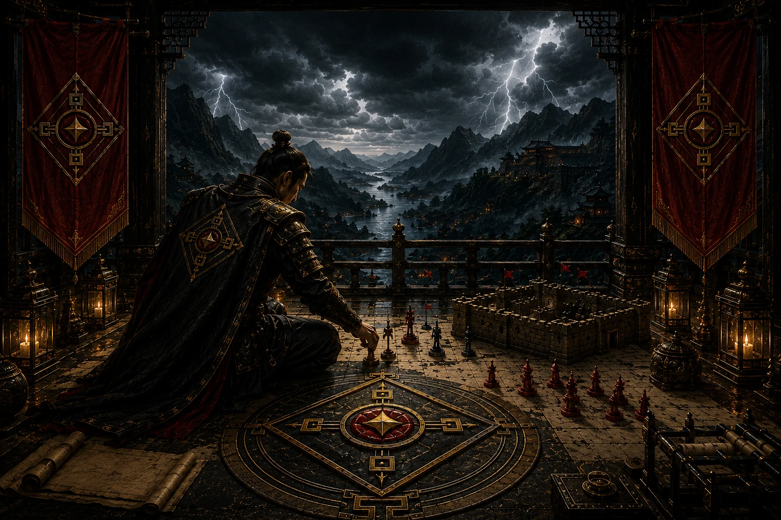 An armored strategist kneels at a storm-facing threshold while controlling a tactical formation and fortress model, representing risk control before position.