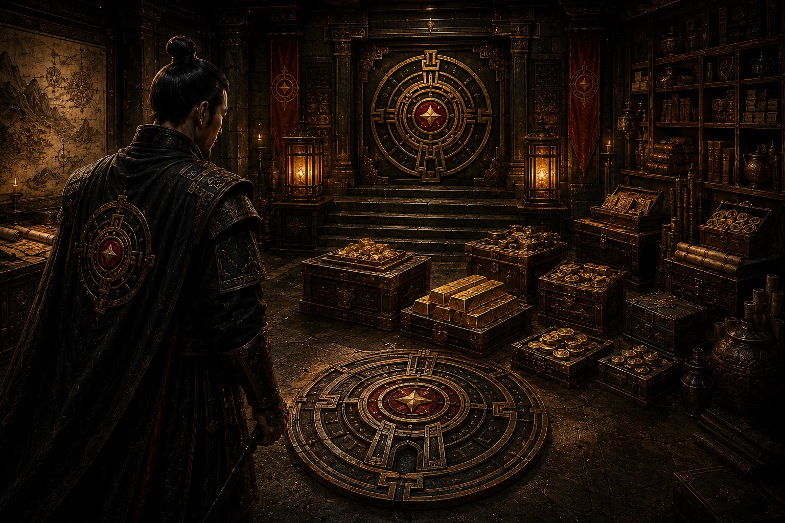 An armored strategist stands watch inside a fortified reserve chamber of sealed chests, ledgers, maps, and protected gold, representing capital preservation before profit.