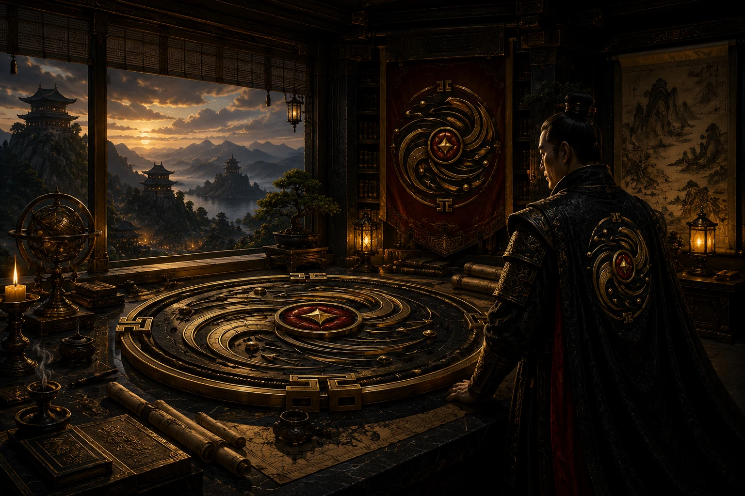 An armored strategist studies a circular field of changing routes inside a mountain command chamber as weather and light shift beyond the open threshold, representing adaptation before prediction.