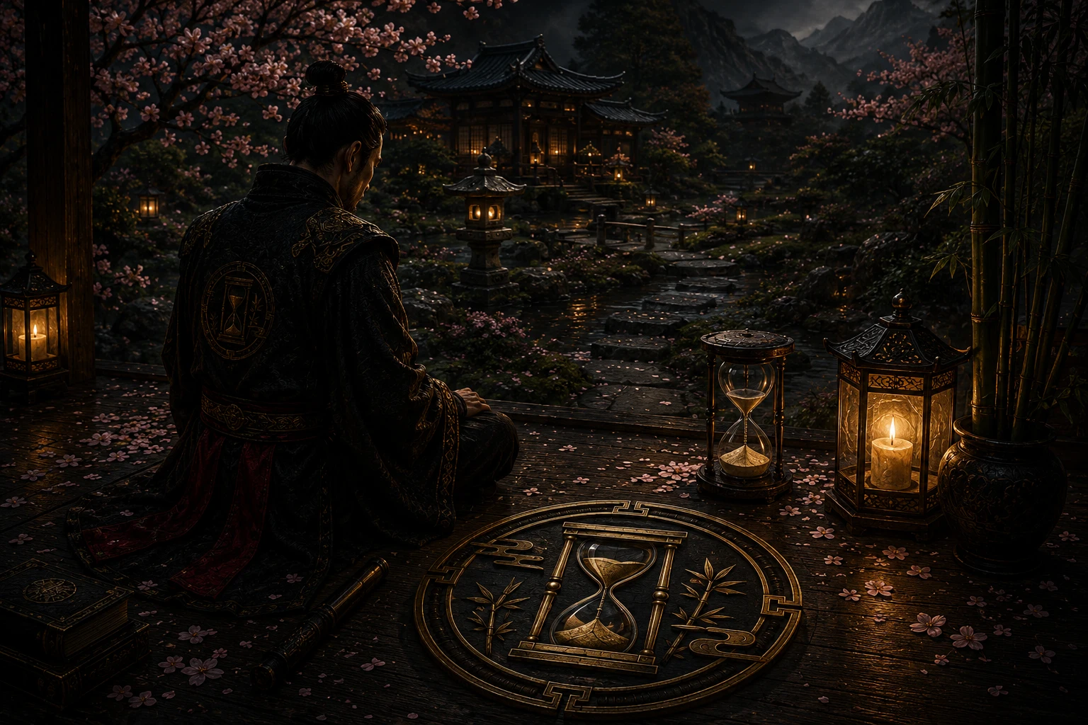 A composed strategist waits beside an hourglass at a lantern-lit garden threshold while blossoms, water, and a mountain path remain still, representing patience before action.