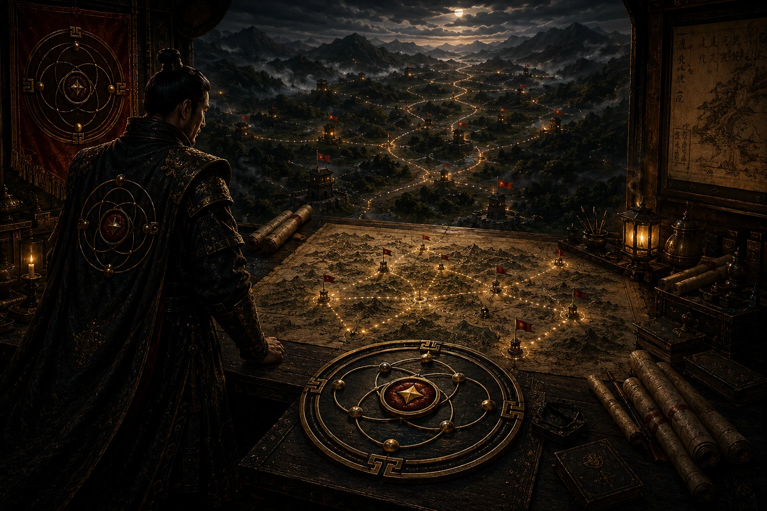An armored strategist studies a command map and a mountain valley crossed by many illuminated routes, towers, and branching outcomes beneath a probability-orbit emblem, representing probability before certainty.