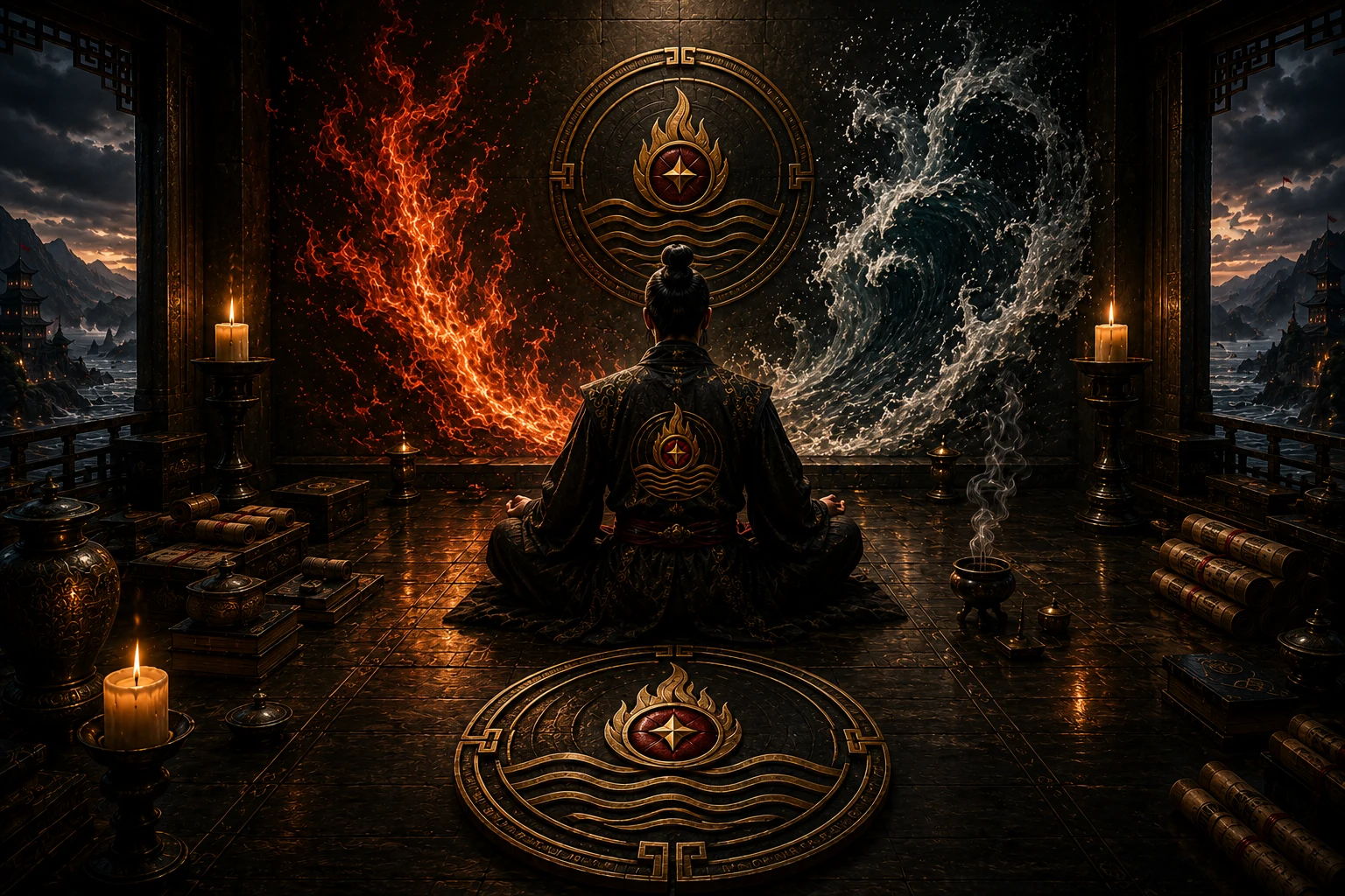 A composed strategist sits between a rising wall of fire and a powerful wave beneath the flame-and-water seal, representing emotion controlled before execution.