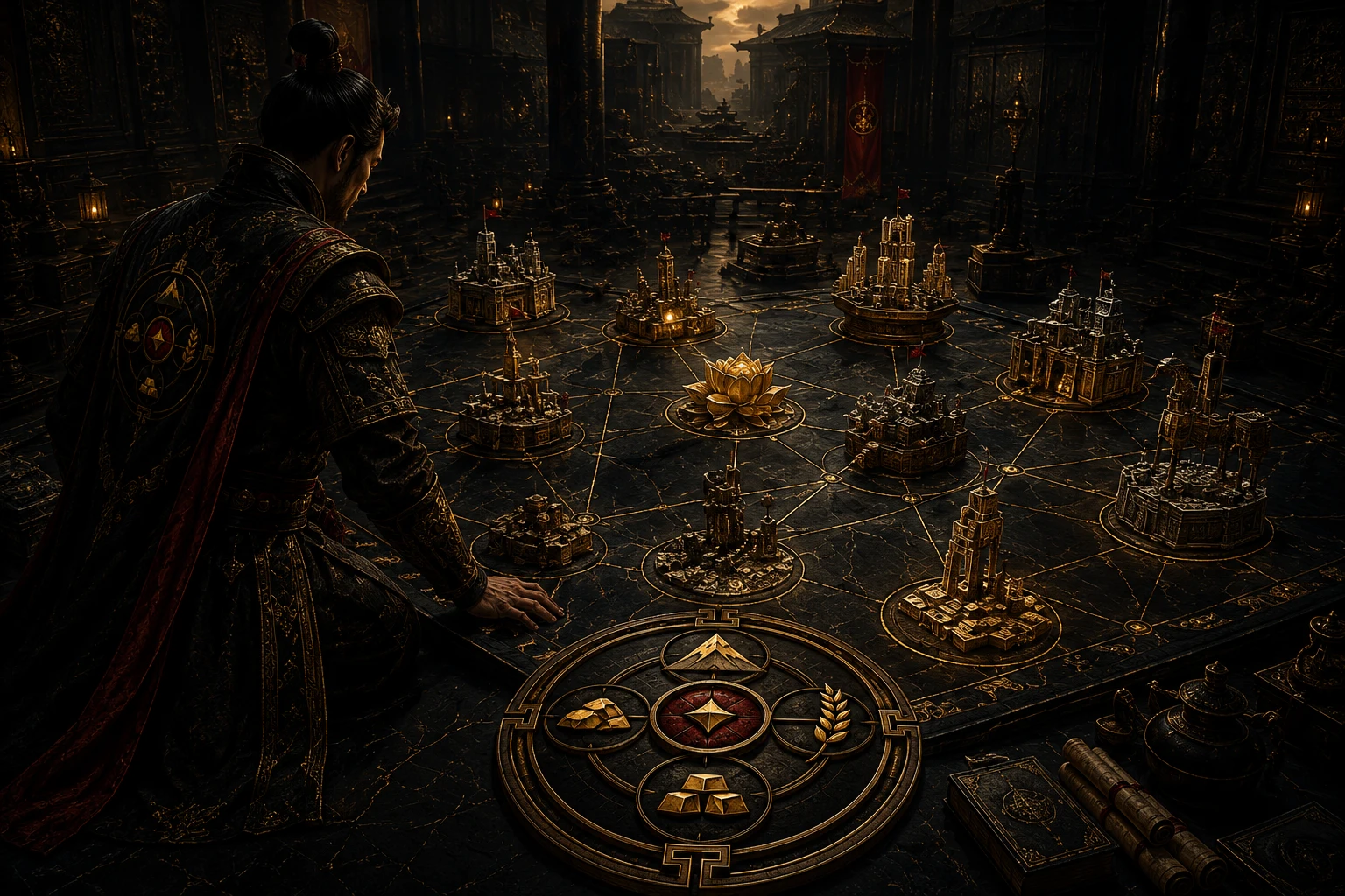 A strategist surveys a connected command table of cities, industries, resources, and reserves beneath the asset-alignment seal, representing the instrument and exposure matched to the objective.