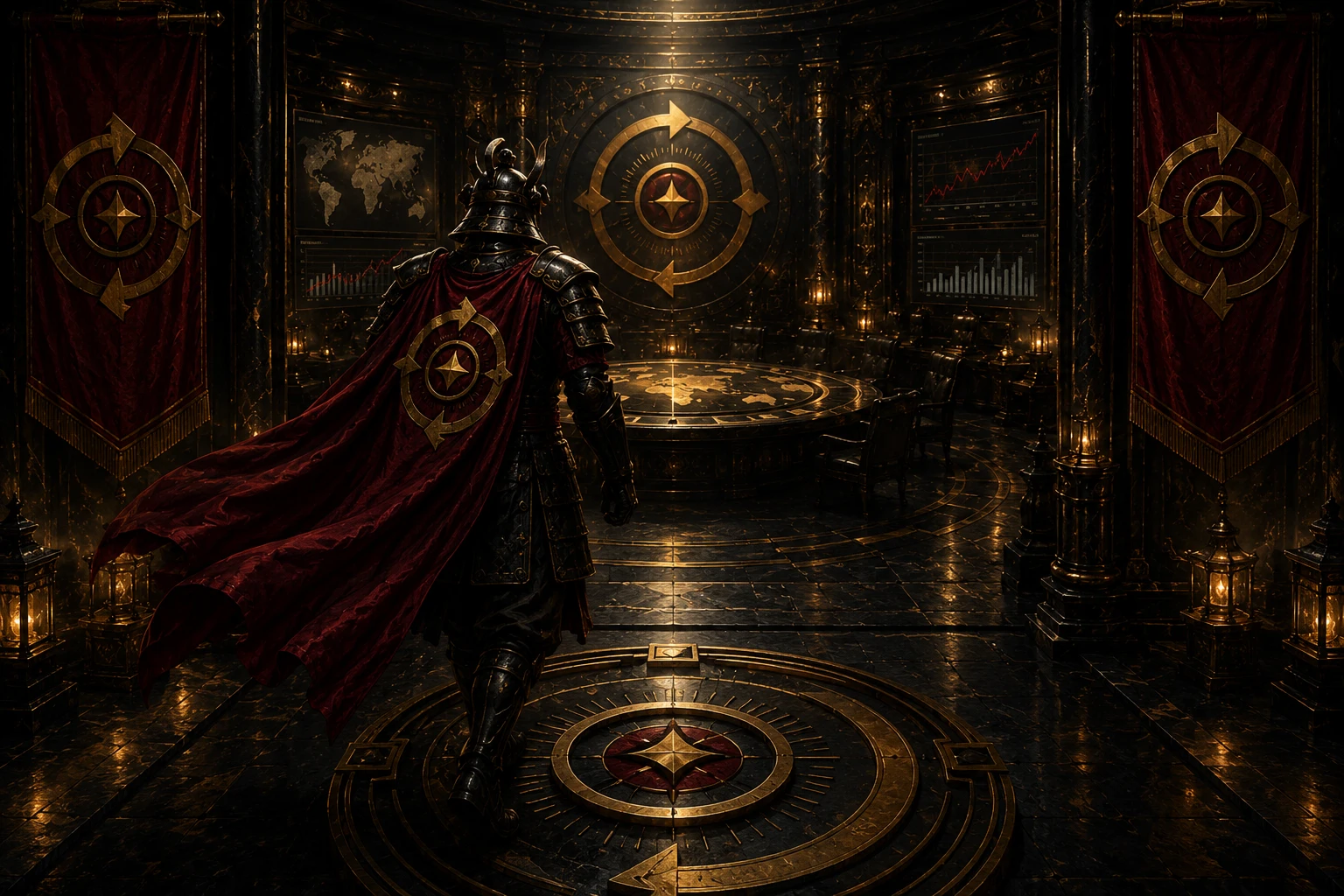 The recurring armored strategist enters the War Room beneath review-cycle banners and a floor medallion, representing review before the disciplined cycle begins again.