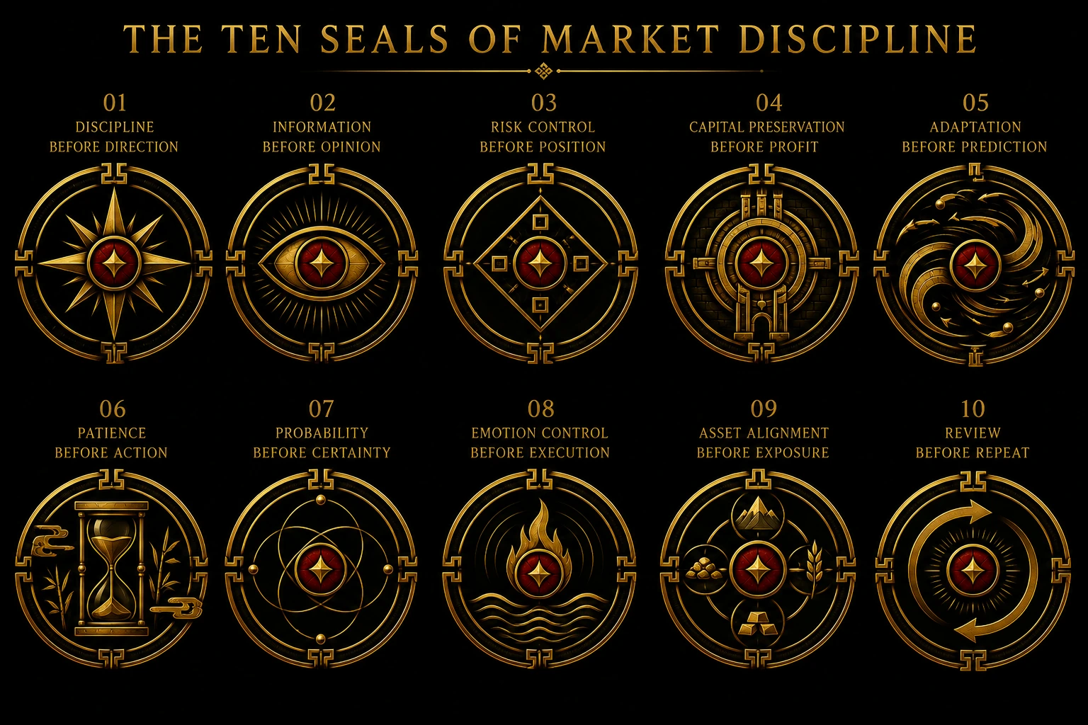 The complete Ten Seals of Market Discipline atlas, displaying all ten numbered Silk Gold and Tactical Crimson seals in their official sequence on a Matte Black field.
