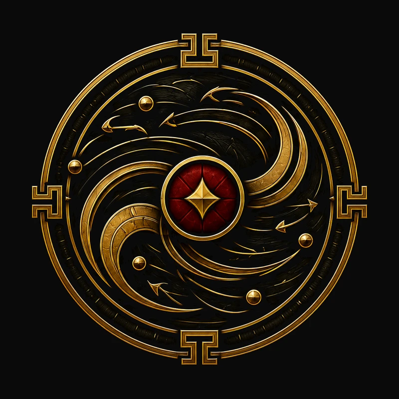 Seal 05, interlocking Silk Gold currents circulating around a Tactical Crimson center, representing Adaptation Before Prediction.