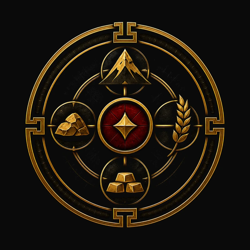 Seal 09, balanced Silk Gold symbols for terrain, resources, agriculture, and reserves around a Tactical Crimson center, representing Asset Alignment Before Exposure.