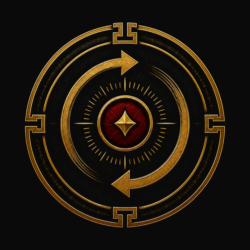 Seal 10, two Silk Gold directional arrows completing a review cycle around a Tactical Crimson center, representing Review Before Repeat.