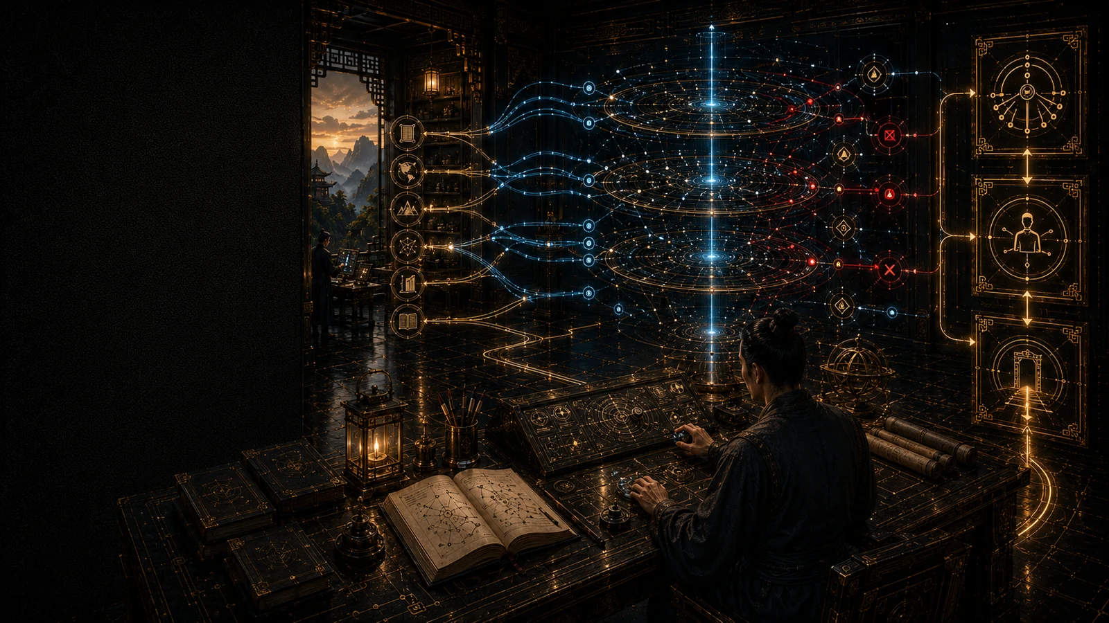 AI Tactical Auxiliary chamber with a human strategist supervising layered blue and crimson scenario pathways, verification nodes, and deployment stages across a luminous analytical system.