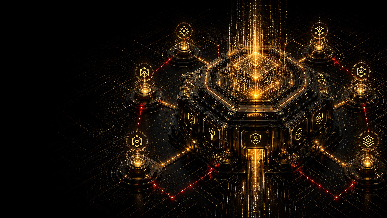 A fortified digital-asset exchange citadel connected to distributed validation nodes through secure gold and crimson ledger pathways.