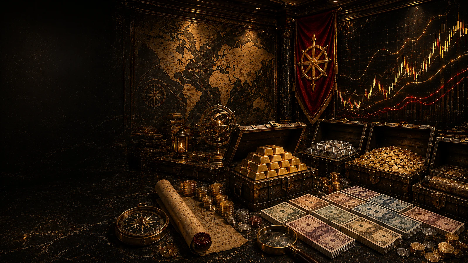 A fortified treasury of nations with bullion, silver, coins, symbolic international currency, an antique world map, navigation instruments, and abstract gold-and-crimson exchange curves.