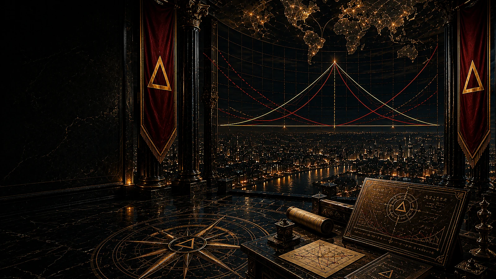 A dark strategic derivatives chamber with abstract payoff geometry, Delta banners, a global network map, and a disciplined planning desk.