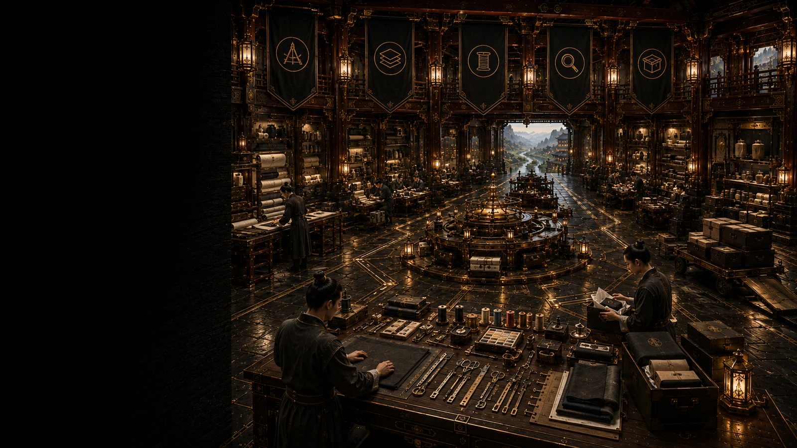 Expansive SUN TZU TRADING Quartermaster workshop with craftspeople preparing equipment, textiles, tools, and supplies around a central strategy table beneath five symbolic banners.