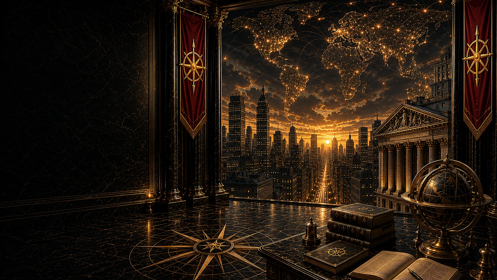 A monumental global-equities chamber with a connected world map, stock-exchange architecture, strategic navigation emblems, research books, and an armillary globe.