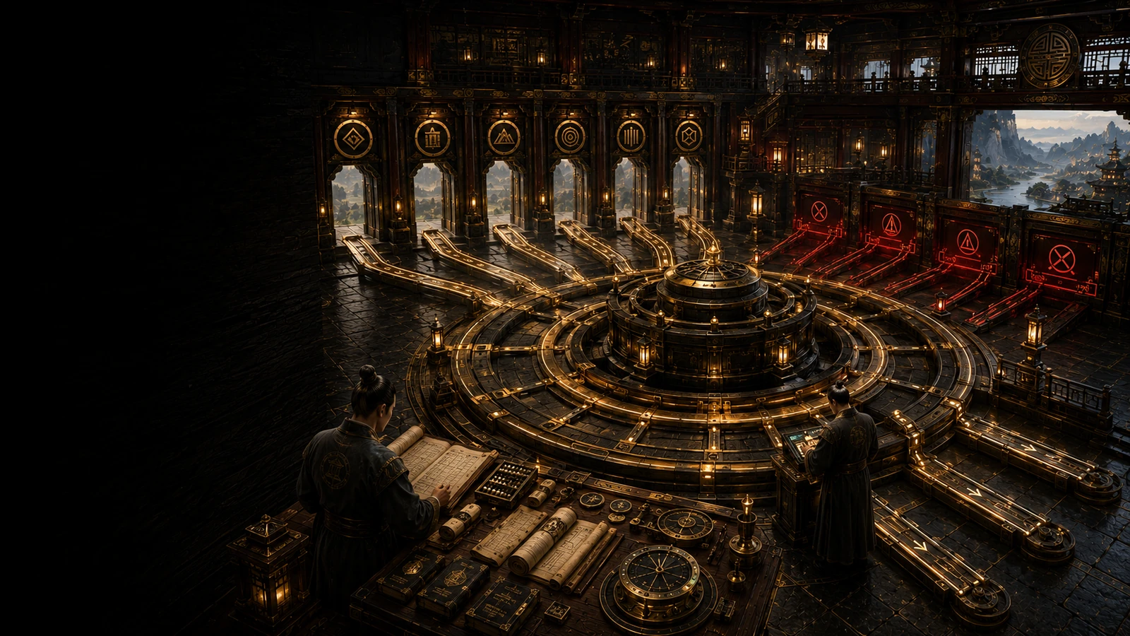 Expansive Training Grounds hall with two disciplined learners studying journals and instruments around a circular simulation platform, with gold and crimson practice lanes and mountain terrain beyond.