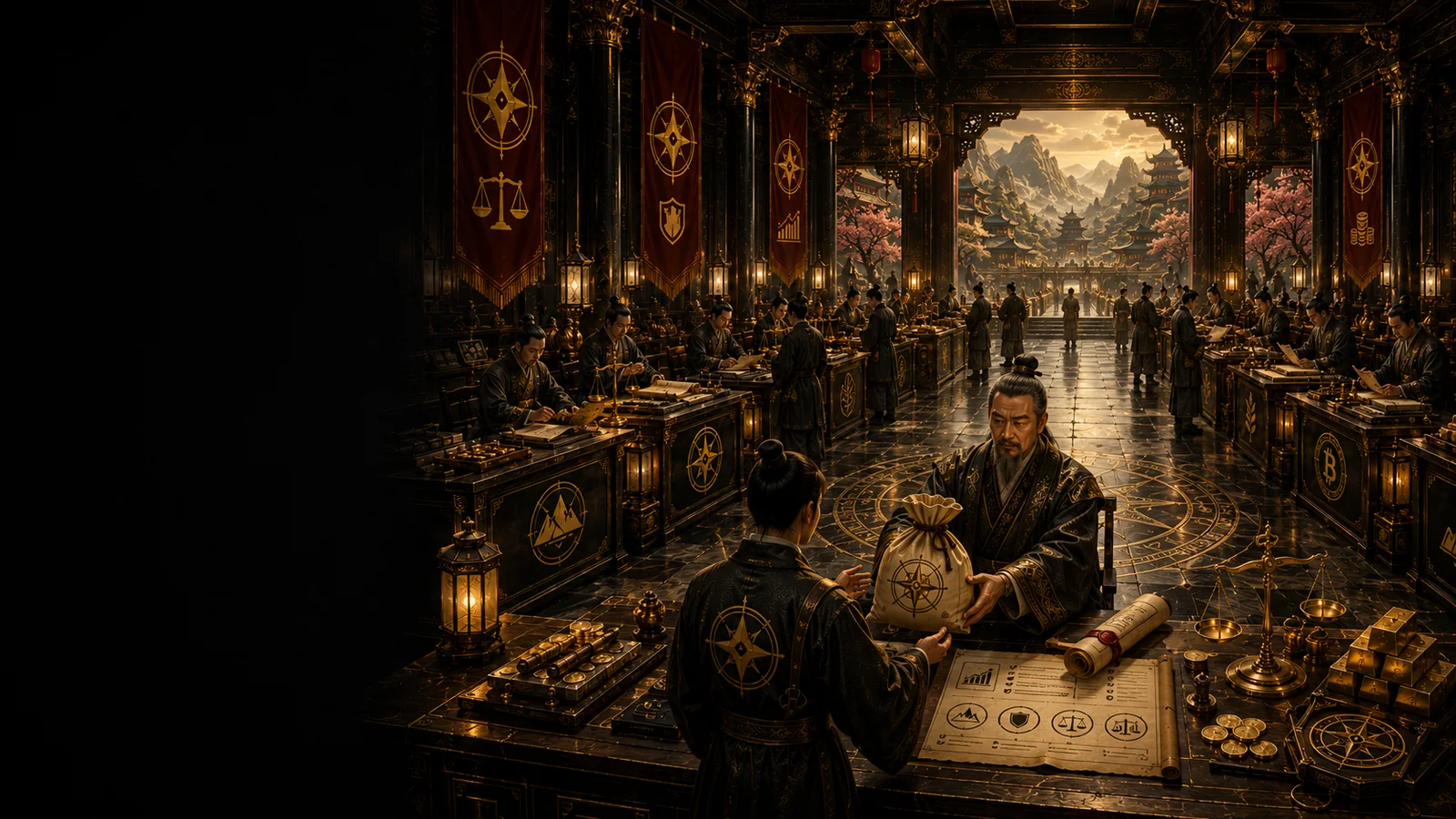 Prosperous East Asian funding hall where grand masters evaluate traders at multiple tables and formally entrust a sealed capital bag after reviewing scrolls, balances, coins, and risk standards.
