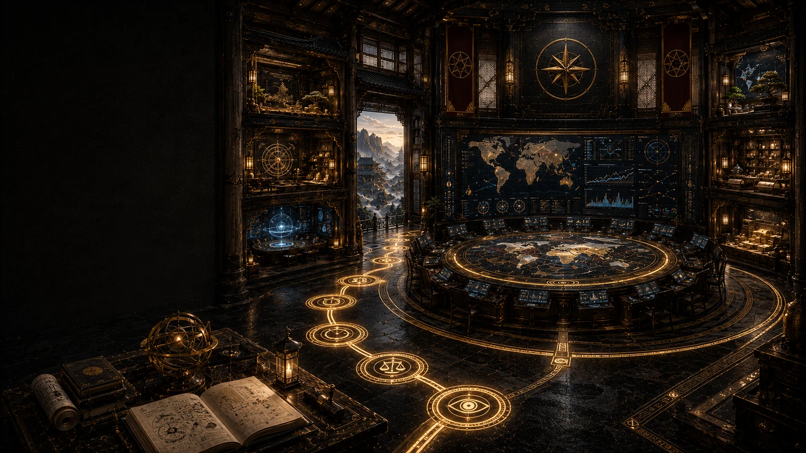 War Room command center with a circular global strategy table, world-map intelligence wall, surrounding analysis stations, gold route markers, and mountain terrain beyond.